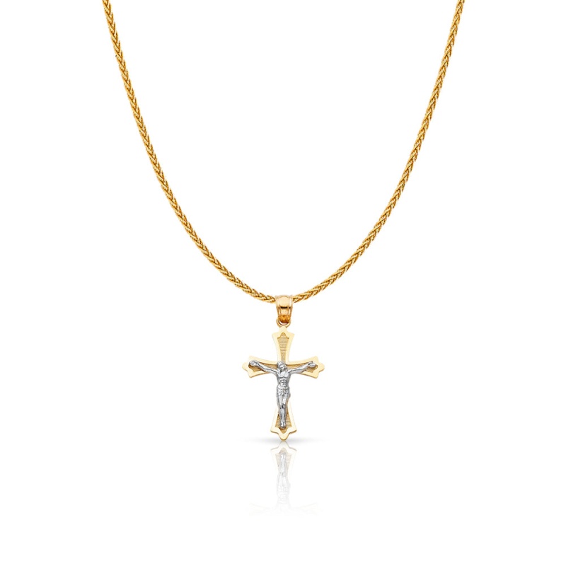 14K Gold Jesus Crucifix Cross Charm Pendant With 1.1Mm Wheat Chain Necklace