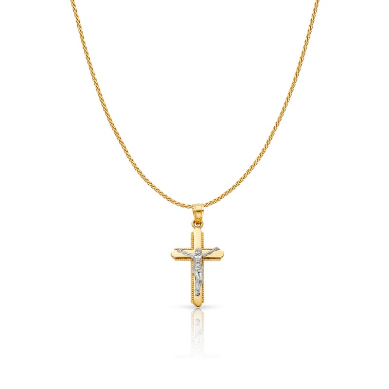 14K Gold Jesus Crucifix Cross Charm Pendant With 0.9Mm Wheat Chain Necklace