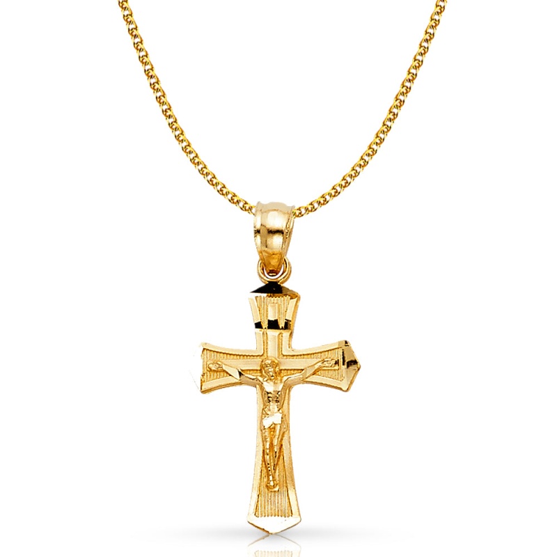 14K Gold Crucifix Cross Pendant With 1.5Mm Flat Open Wheat Chain
