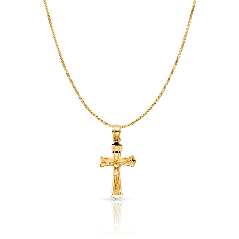 14K Gold Jesus Crucifix Cross Charm Pendant With 0.9Mm Wheat Chain Necklace