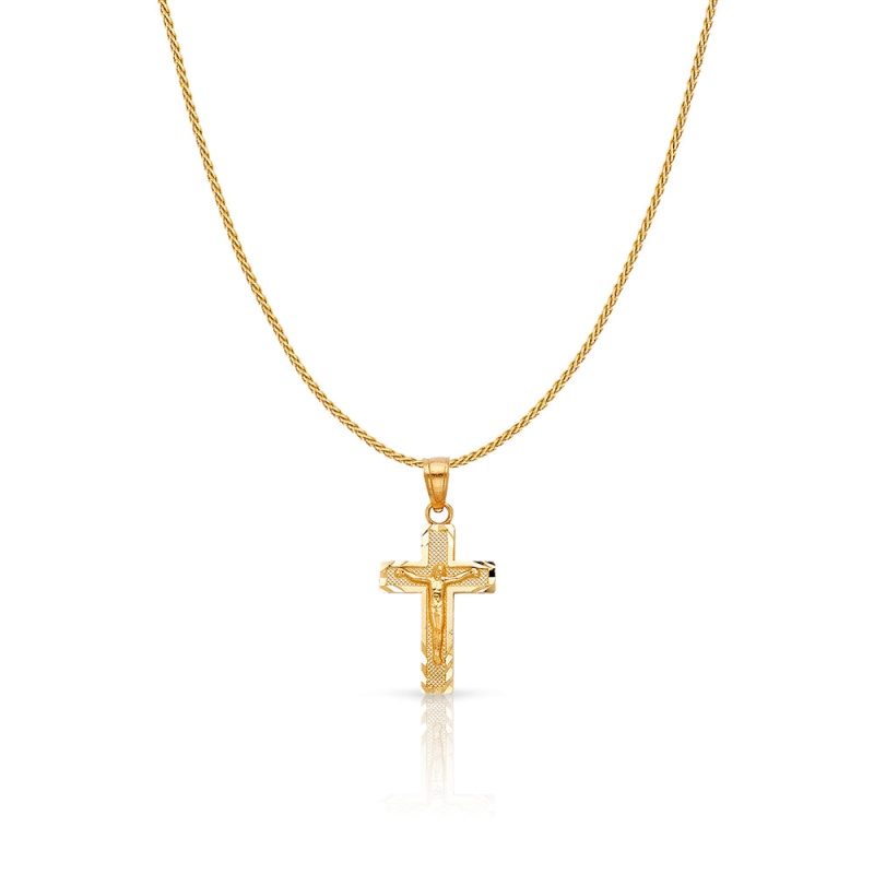 14K Gold Jesus Crucifix Cross Charm Pendant With 0.9Mm Wheat Chain Necklace