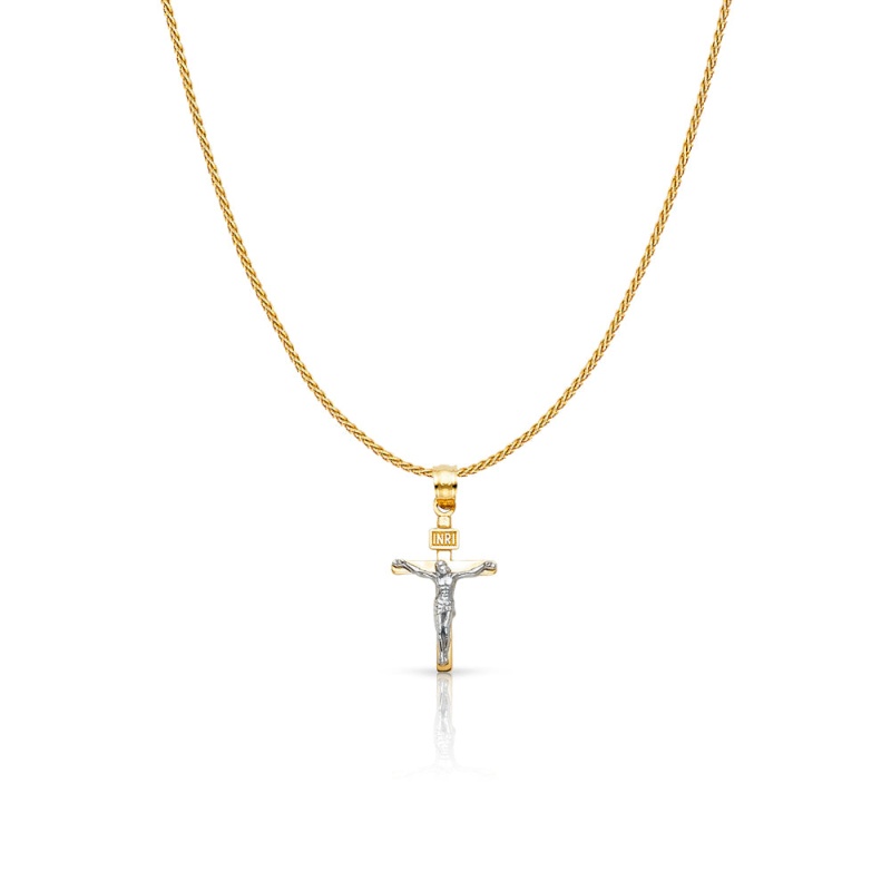 14K Gold Jesus Crucifix Cross Charm Pendant With 0.9Mm Wheat Chain Necklace