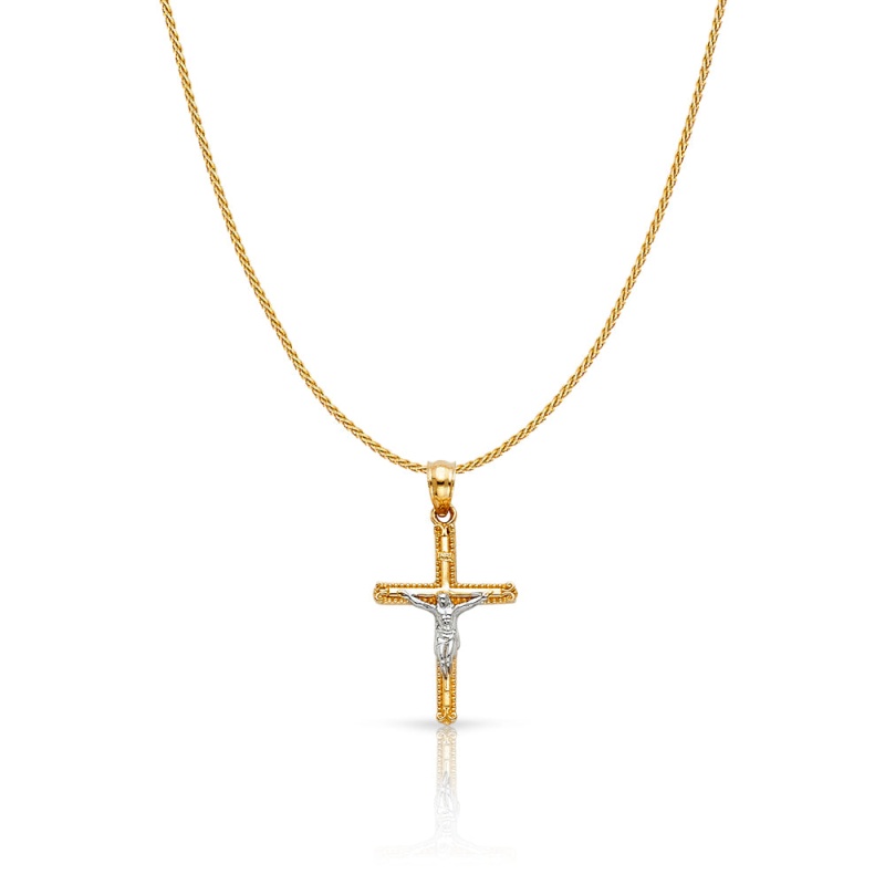 14K Gold Jesus Crucifix Cross Charm Pendant With 0.9Mm Wheat Chain Necklace