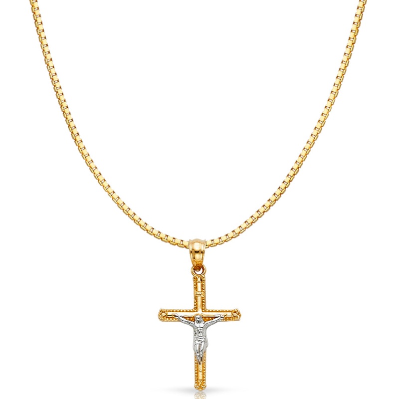 14K Gold Jesus Crucifix Cross Religious Charm Pendant With 0.8Mm Box Chain Necklace