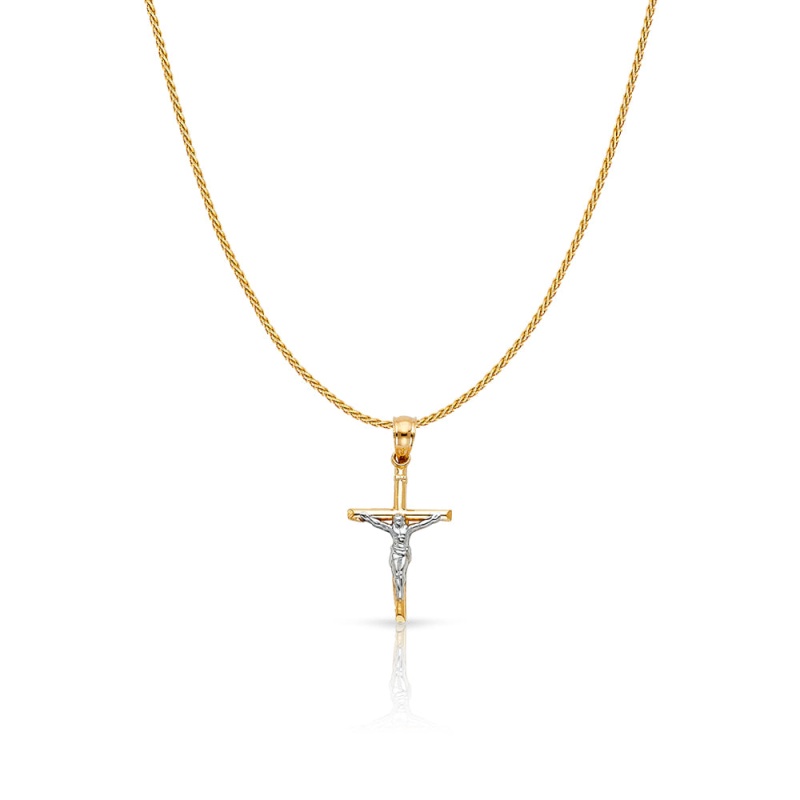 14K Gold Jesus Crucifix Cross Charm Pendant With 0.9Mm Wheat Chain Necklace