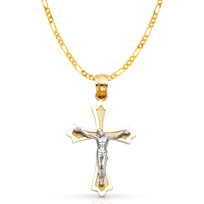 14K Gold Crucifix Cross Pendant With 2.3Mm Figaro 3+1 Chain