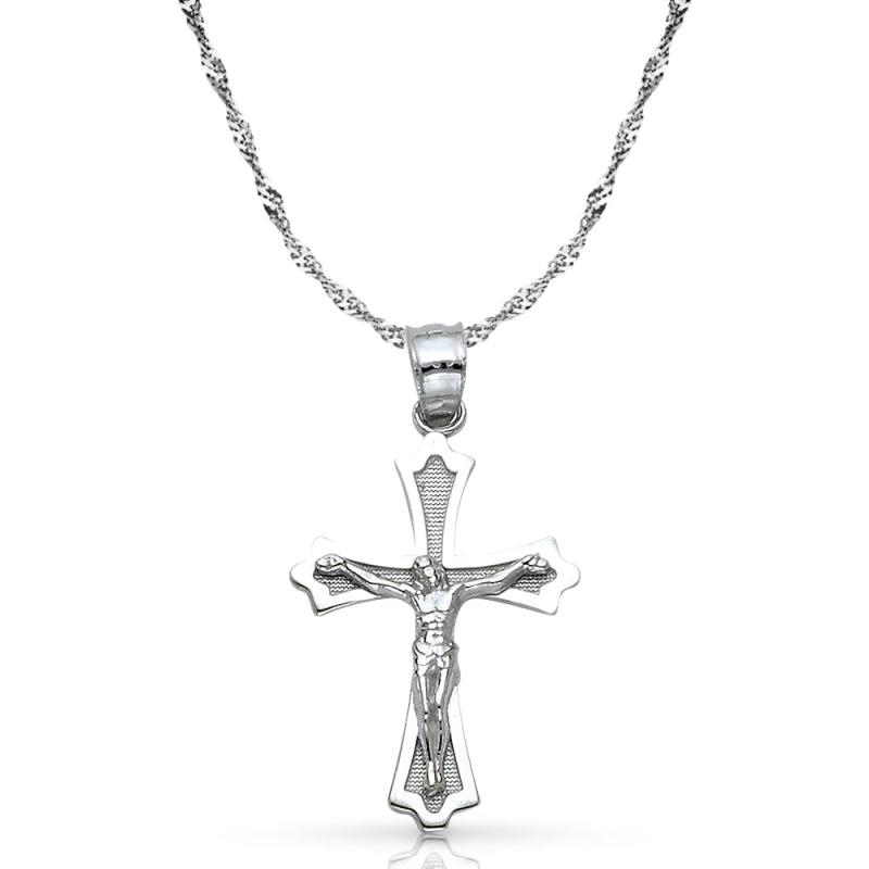 14K Gold Crucifix Cross Pendant With 1.2Mm Singapore Chain