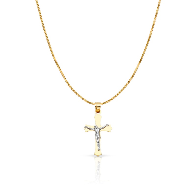 14K Gold Jesus Crucifix Cross Charm Pendant With 0.9Mm Wheat Chain Necklace
