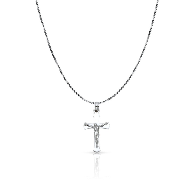 14K Gold Jesus Crucifix Cross Charm Pendant With 0.9Mm Wheat Chain Necklace