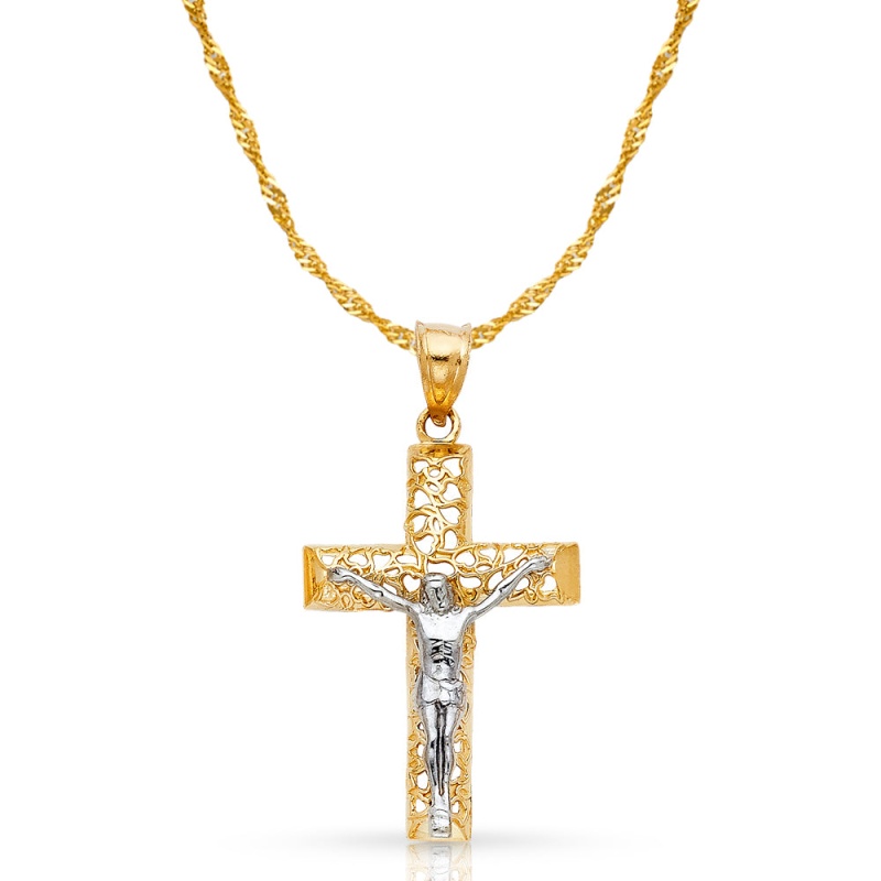 14K Gold Crucifix Cross Pendant With 1.8Mm Singapore Chain