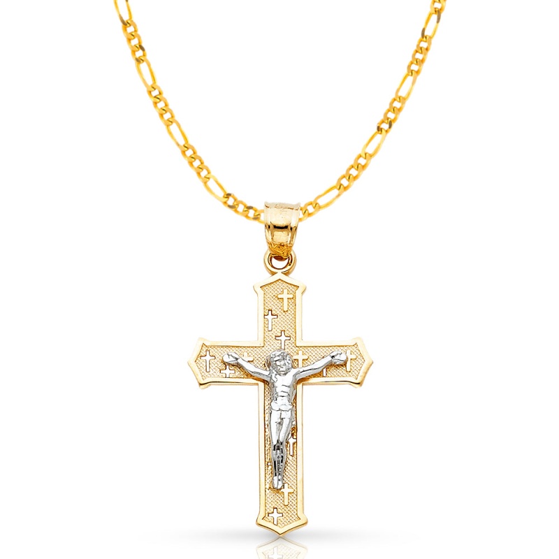 14K Gold Crucifix Cross Pendant With 3.1Mm Figaro 3+1 Chain