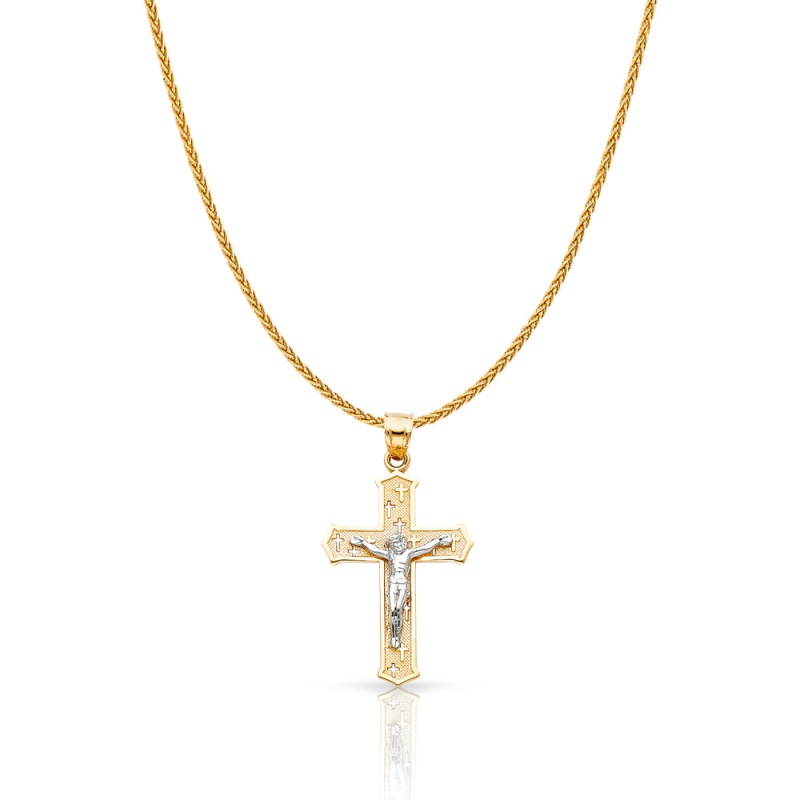 14K Gold Jesus Crucifix Cross Charm Pendant With 1.1Mm Wheat Chain Necklace