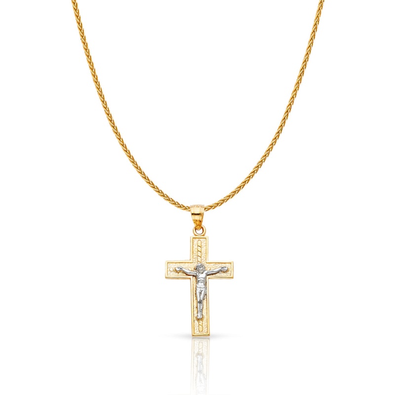 14K Gold Jesus Crucifix Cross Charm Pendant With 1.1Mm Wheat Chain Necklace