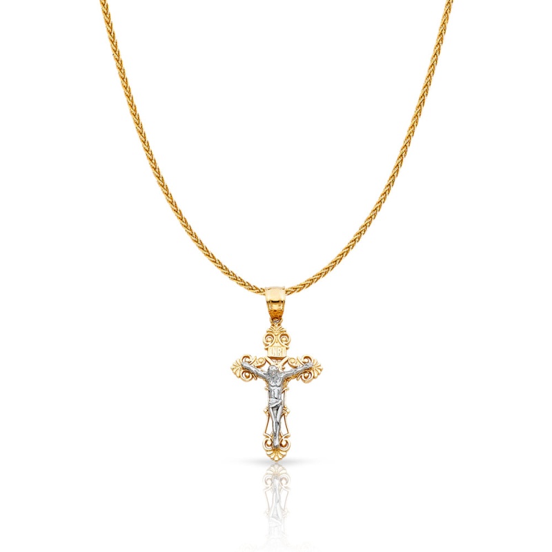 14K Gold Jesus Crucifix Cross Charm Pendant With 1.1Mm Wheat Chain Necklace
