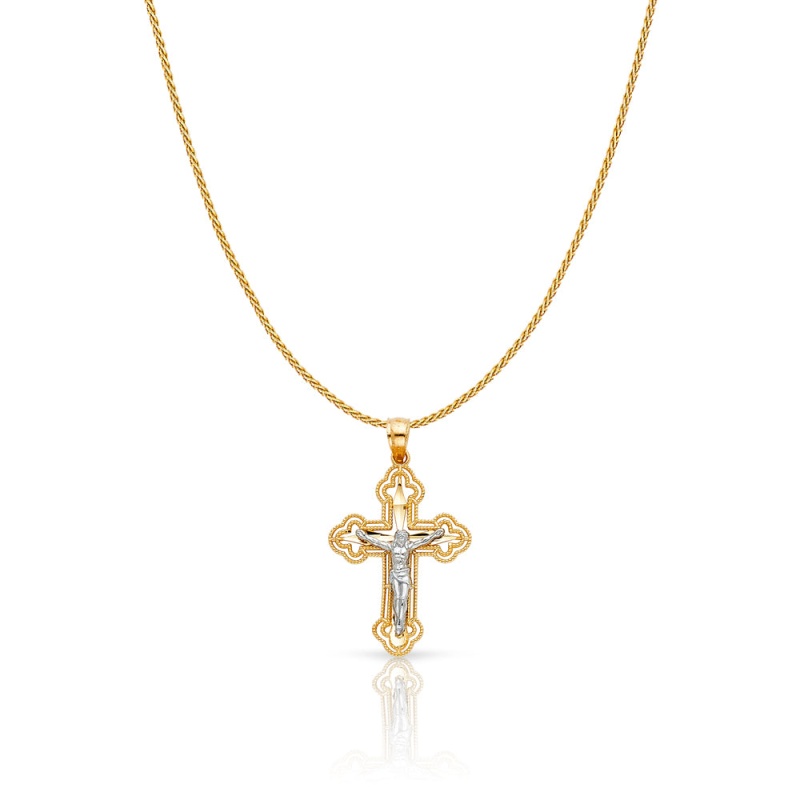 14K Gold Jesus Crucifix Cross Charm Pendant With 0.9Mm Wheat Chain Necklace