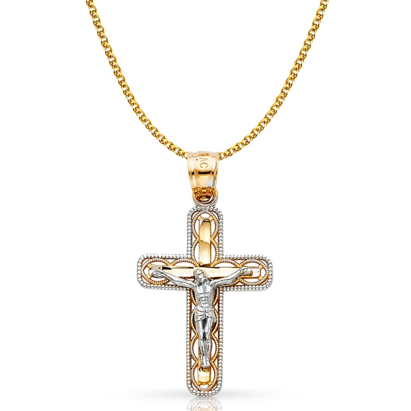 14K Gold Crucifix Cross Pendant With 1.5Mm Flat Open Wheat Chain
