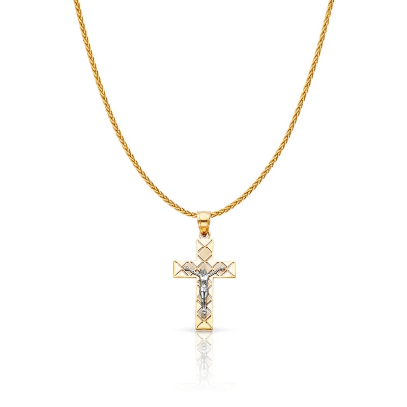 14K Gold Jesus Crucifix Cross Charm Pendant With 1.1Mm Wheat Chain Necklace