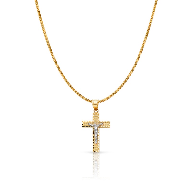 14K Gold Jesus Crucifix Cross Charm Pendant With 1.1Mm Wheat Chain Necklace