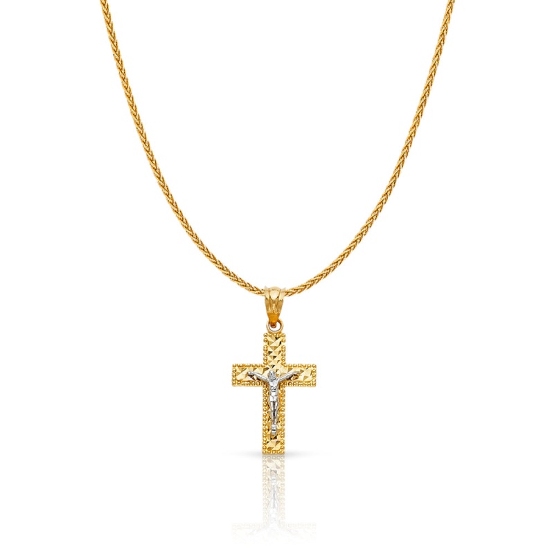 14K Gold Jesus Crucifix Cross Charm Pendant With 1.1Mm Wheat Chain Necklace