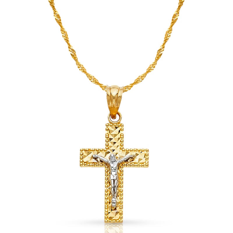 14K Gold Crucifix Cross Pendant With 1.2Mm Singapore Chain