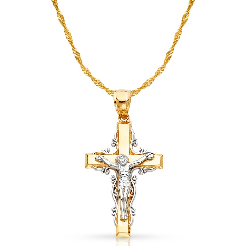 14K Gold Crucifix Cross Pendant With 1.2Mm Singapore Chain