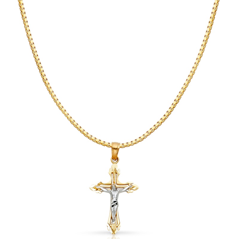 14K Gold Jesus Crucifix Cross Religious Charm Pendant With 0.8Mm Box Chain Necklace