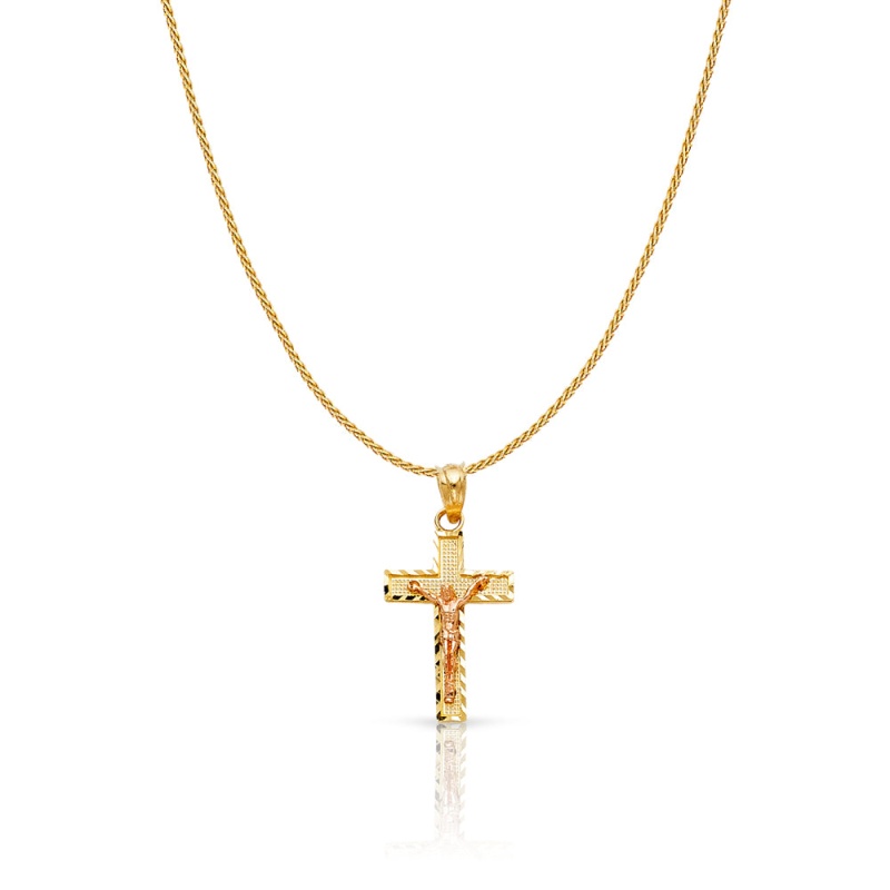 14K Gold Jesus Crucifix Cross Charm Pendant With 0.9Mm Wheat Chain Necklace