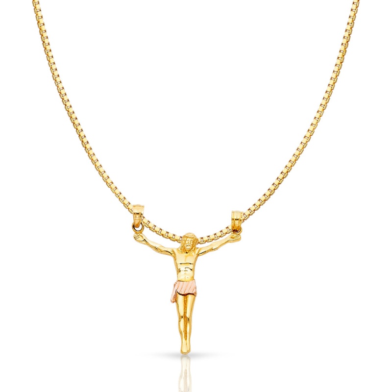 14K Gold Jesus Body Crucifix Cross Religious Charm Pendant With 0.8Mm Box Chain Necklace