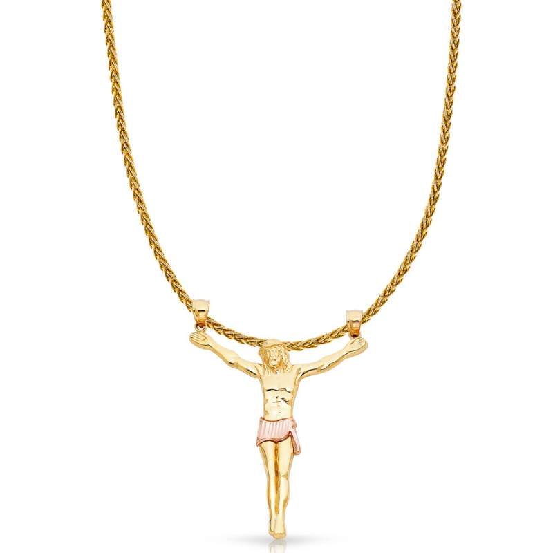 14K Gold Jesus Body Crucifix Cross Charm Pendant With 1.4Mm Round Wheat Chain Necklace