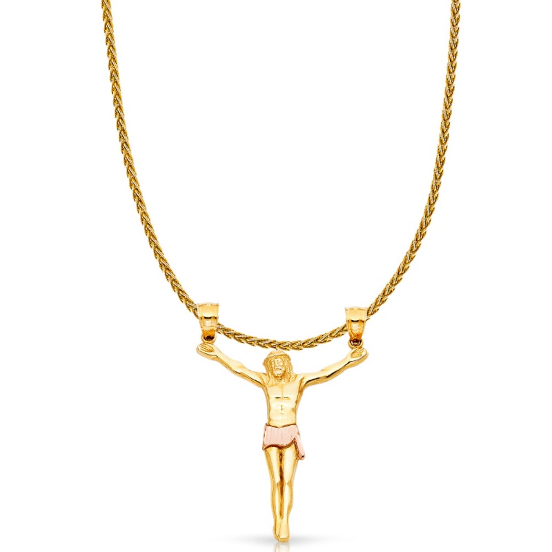 14K Gold Jesus Body Crucifix Cross Charm Pendant With 1.4Mm Round Wheat Chain Necklace