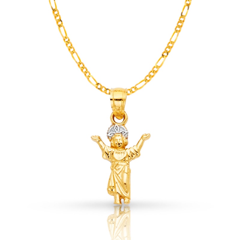 14K Gold Praying Jesus Yo Reinare Pendant With 2Mm Figaro 3+1 Chain