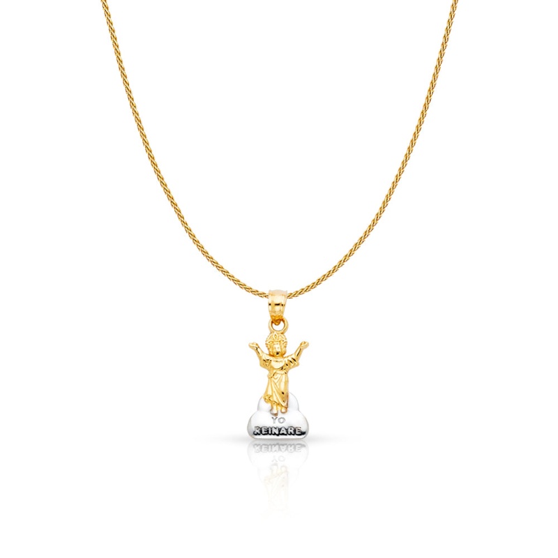 14K Gold Praying Jesus Yo Reinare Charm Pendant With 0.9Mm Wheat Chain Necklace