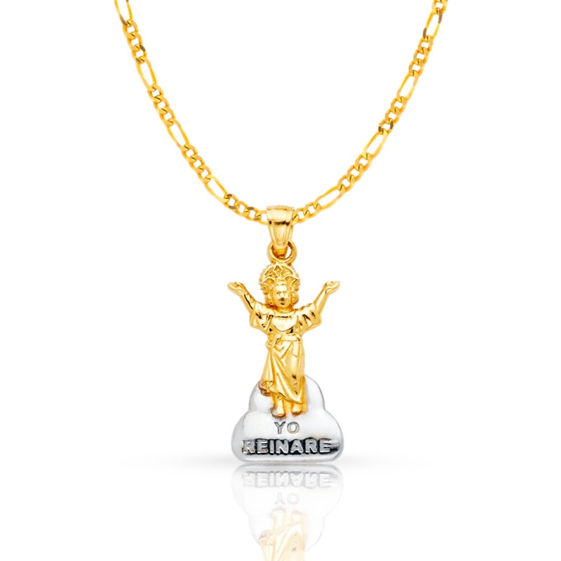 14K Gold Praying Jesus Yo Reinare Pendant With 2Mm Figaro 3+1 Chain