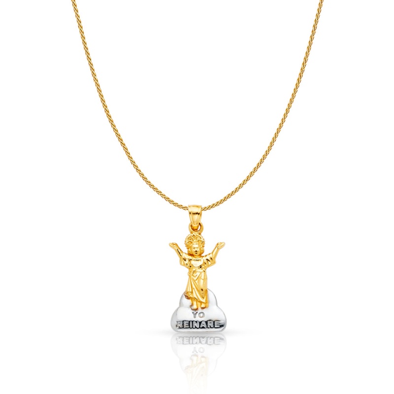 14K Gold Praying Jesus Yo Reinare Charm Pendant With 0.9Mm Wheat Chain Necklace
