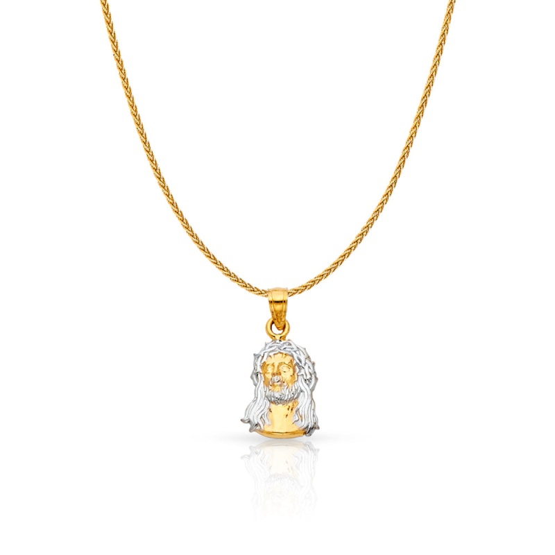 14K Gold Jesus Face Charm Pendant With 1.1Mm Wheat Chain Necklace