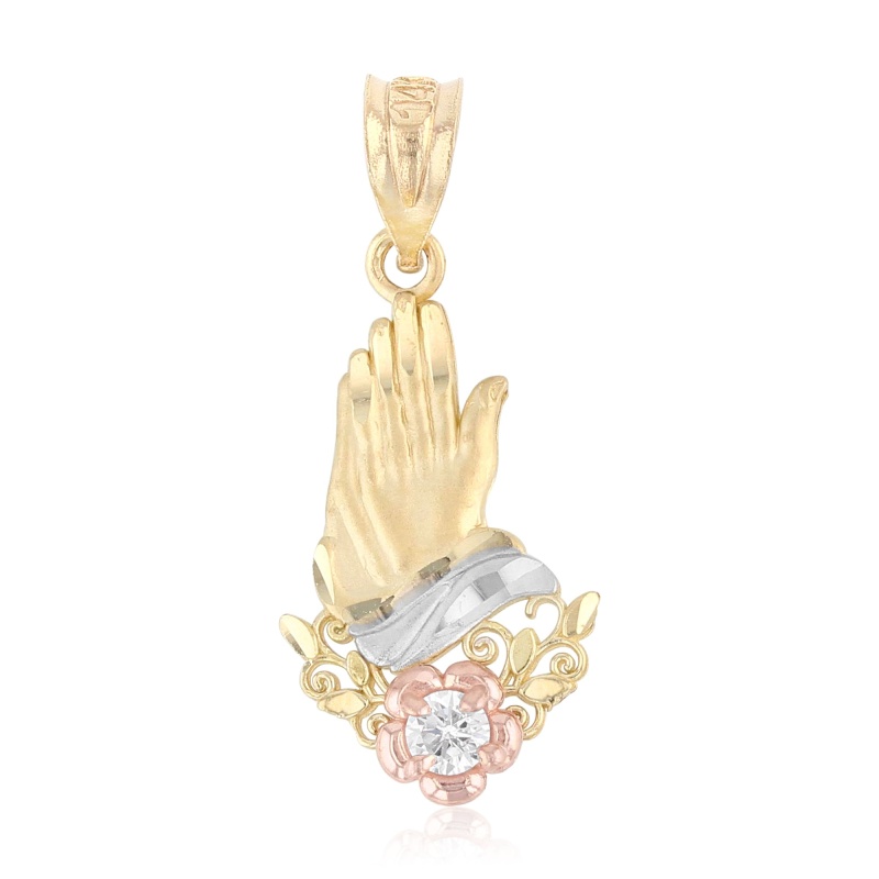 14K Gold Praying Hands Religious Pendant With Cz