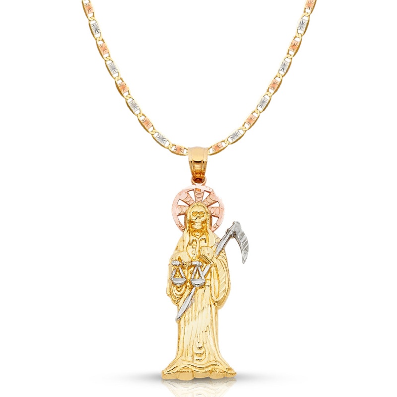 14K Gold Grim Reaper Pendant With 3.3Mm Valentino Star Diamond Cut Chain