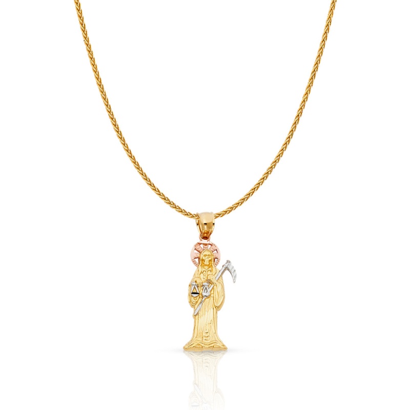 14K Gold Grim Reaper Charm Pendant With 1.1Mm Wheat Chain Necklace