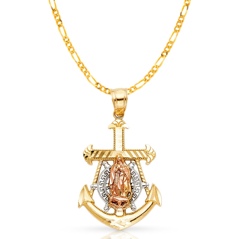 14K Gold Guadalupe Anchor Pendant With 2.3Mm Figaro 3+1 Chain