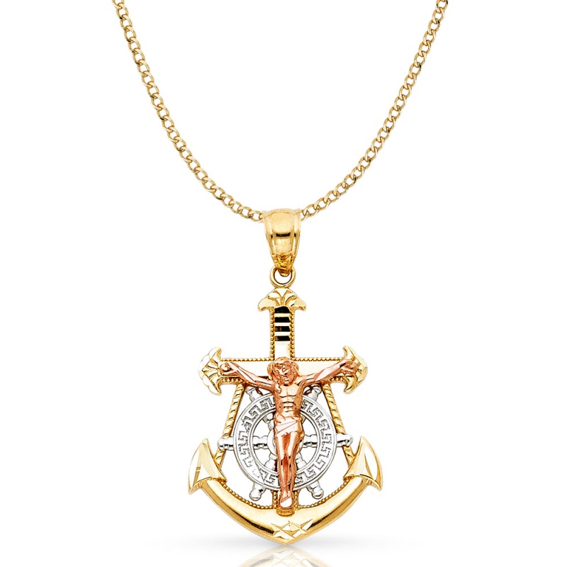 14K Gold Jesus Crucifix Anchor Pendant With 2.3Mm Hollow Cuban Chain