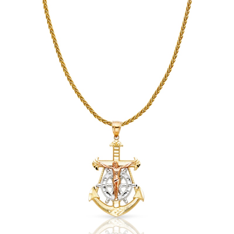 14K Gold Jesus Crucifix Anchor Charm Pendant With 1.4Mm Round Wheat Chain Necklace