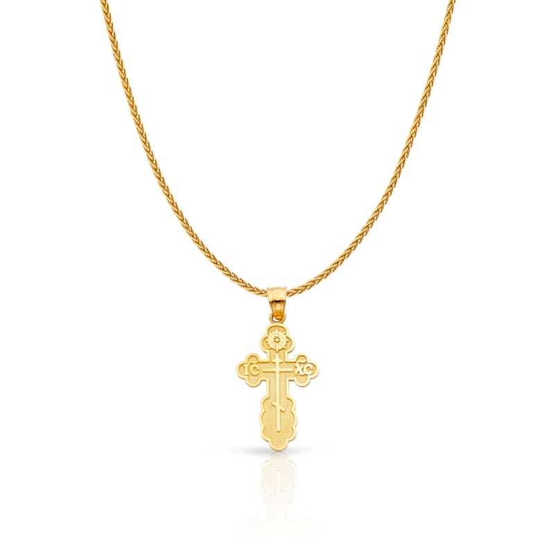 14K Gold St. Olga Greek Orthodox Baptismal Cross Charm Pendant With 1.1Mm Wheat Chain Necklace