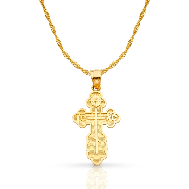 14K Gold St. Olga Greek Orthodox Baptismal Cross Pendant With 1.2Mm Singapore Chain