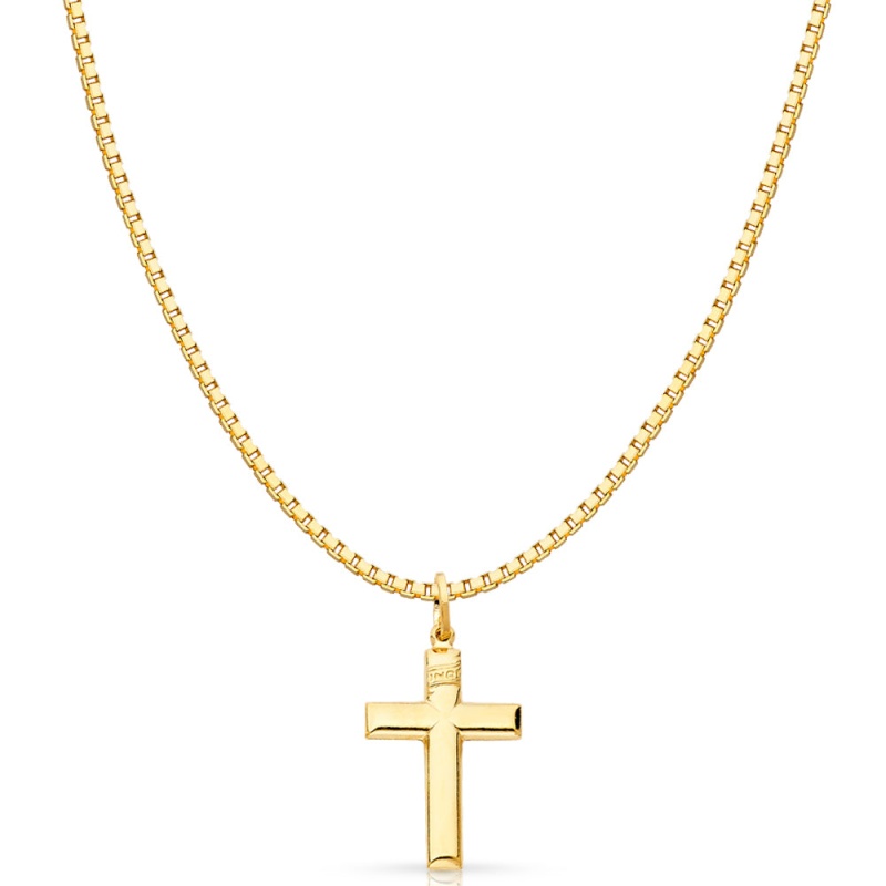 14K Gold Simple Cross Religious Charm Pendant With 1.2Mm Box Chain Necklace