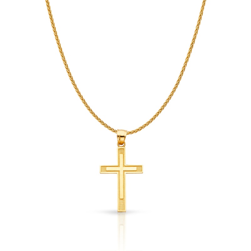 14K Gold Cross Charm Pendant With 1.1Mm Wheat Chain Necklace