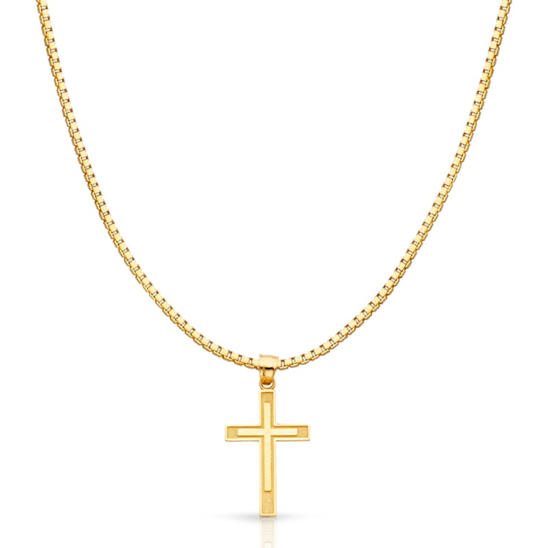14K Gold Cross Religious Charm Pendant With 1.2Mm Box Chain Necklace