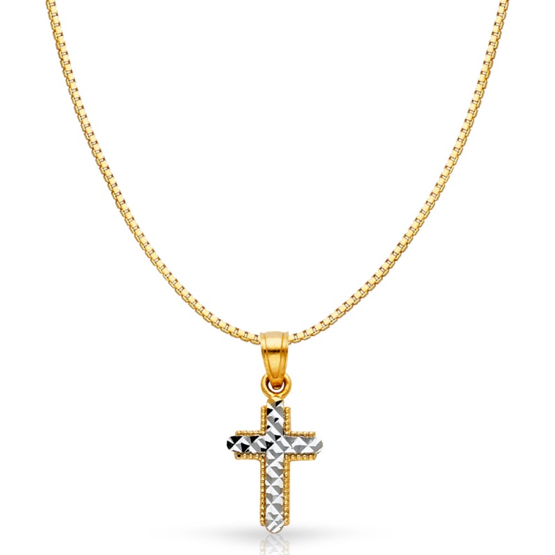 14K Gold Cross Religious Charm Pendant With 0.8Mm Box Chain Necklace