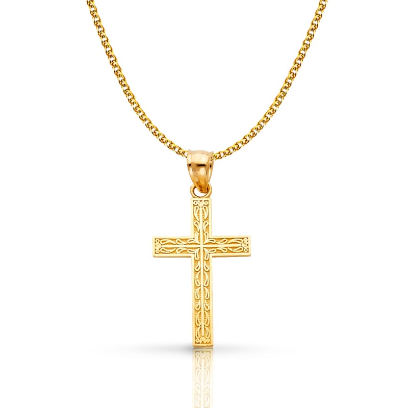14K Gold Cross Pendant With 1.5Mm Flat Open Wheat Chain