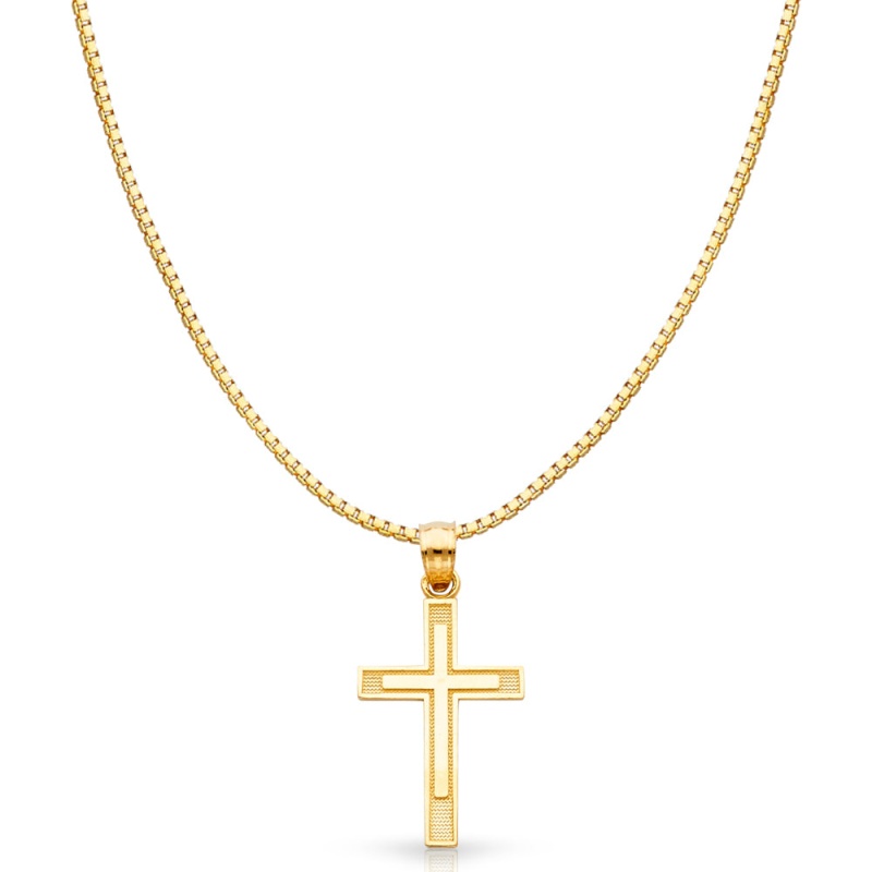 14K Gold Cross Religious Charm Pendant With 0.8Mm Box Chain Necklace