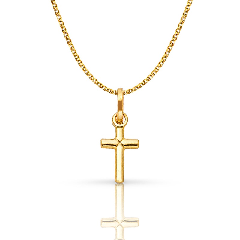 14K Gold Plain Cross Pendant With 1.2Mm Flat Open Wheat Chain